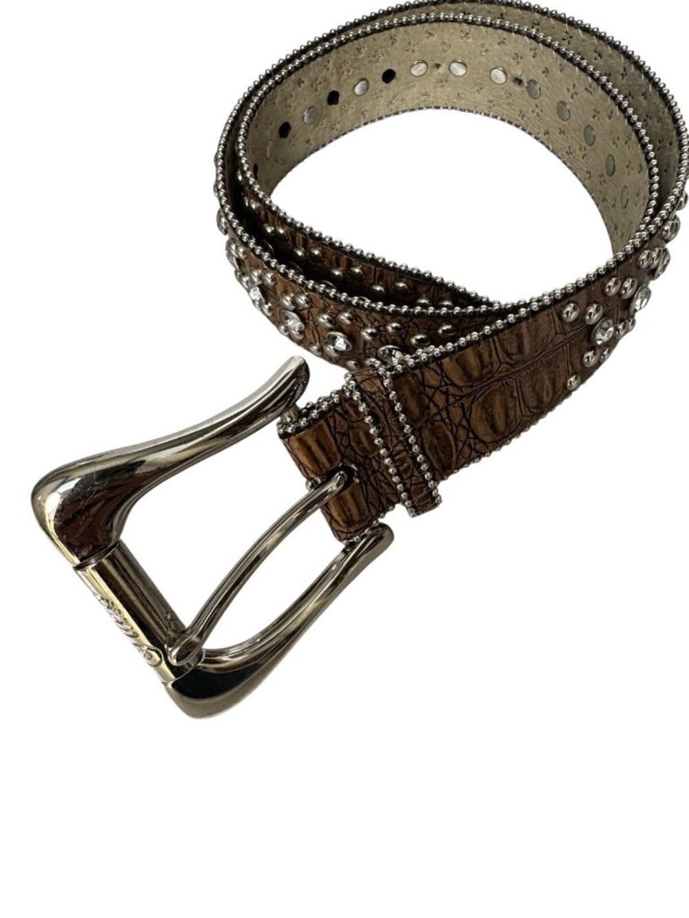 Guess Womens Rhinestone Brown Croc-Embossed Leather Belt 39